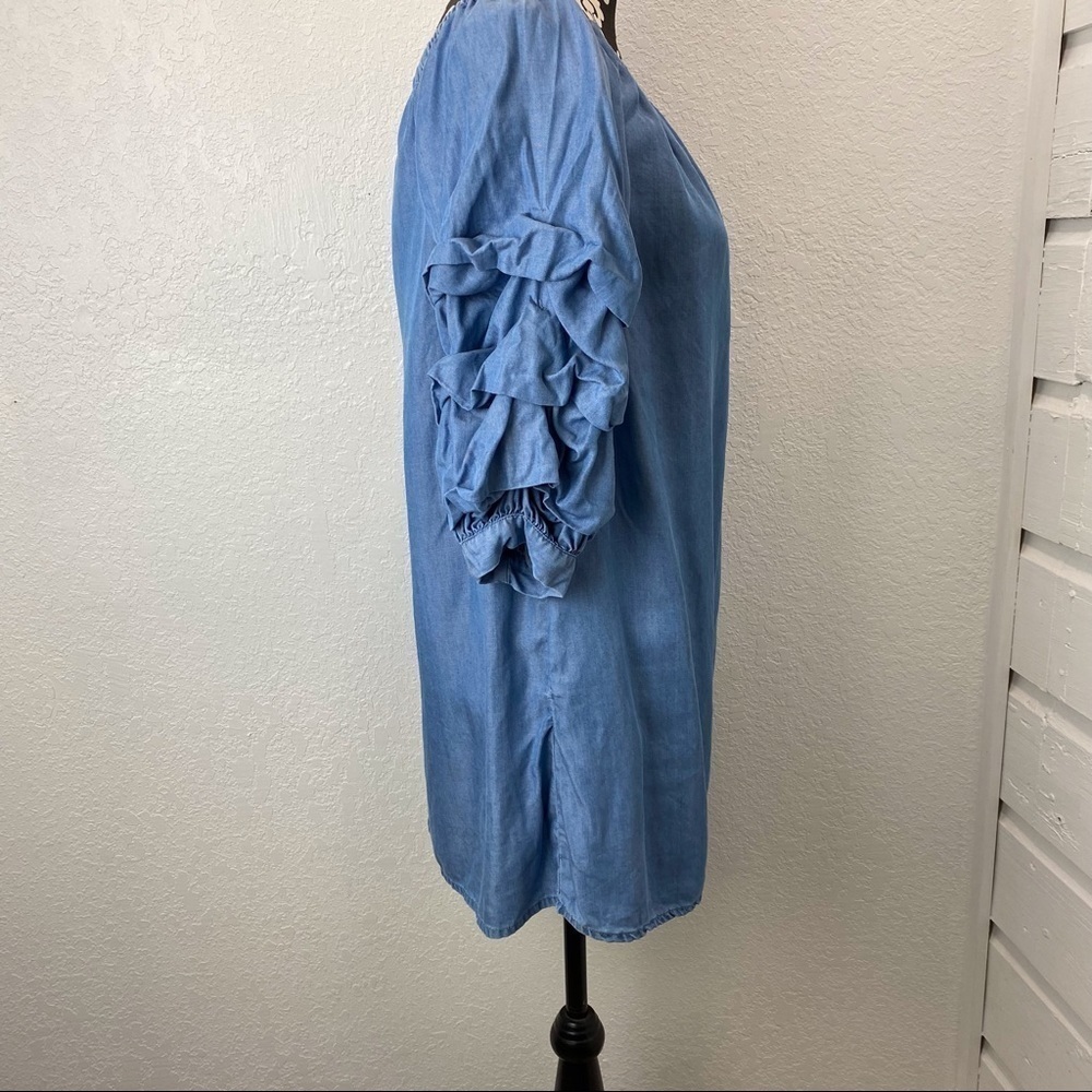 Zara Ruffle Sleeve Chambray Denim Off Shoulder Dress - Picture 15 of 16
